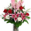 Romantic pink and red mix with starfighter lilies, snapdragons, etc